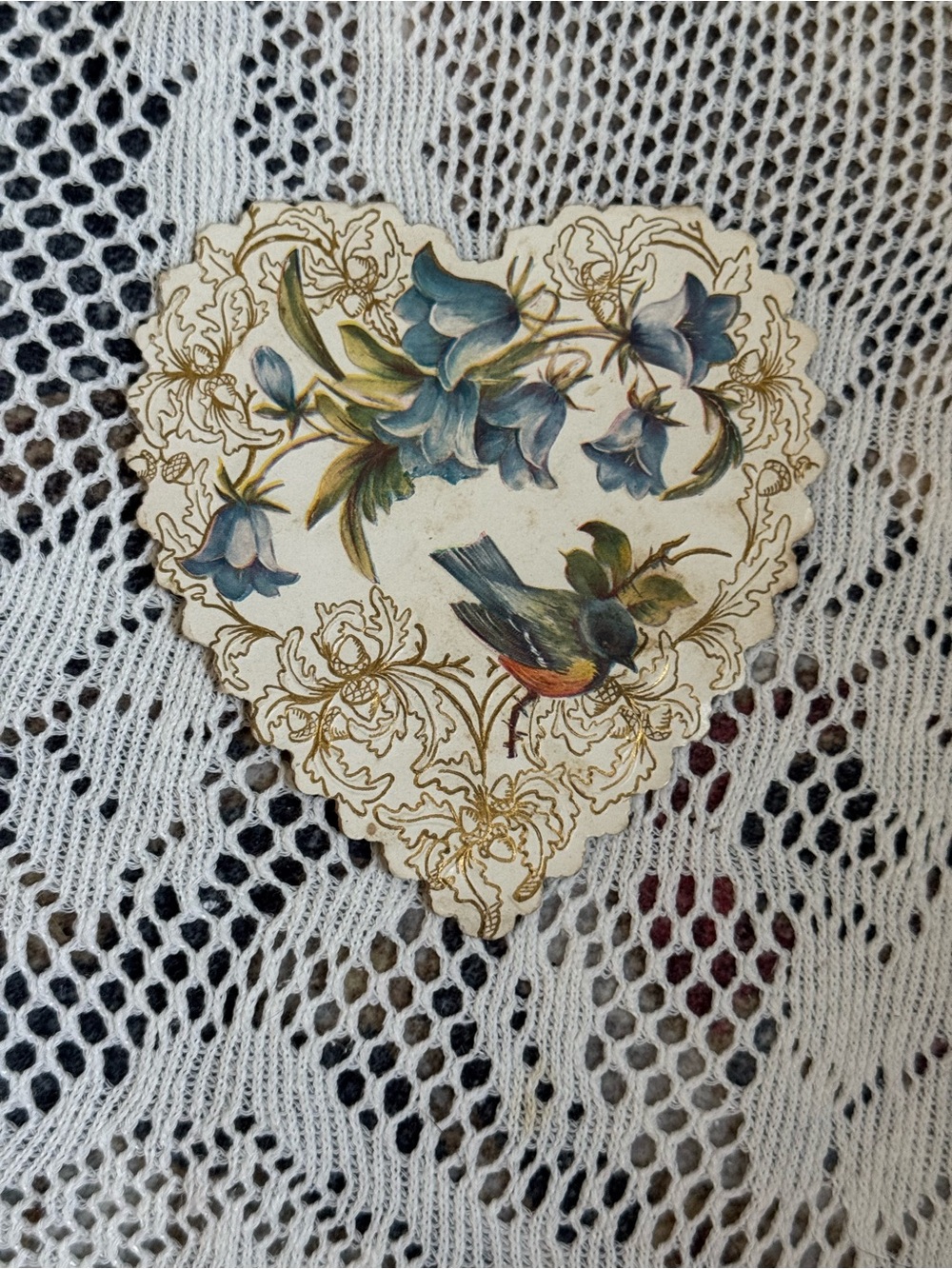 Vintage Heart Shaped Floral Bird Die-Cut Ephemera